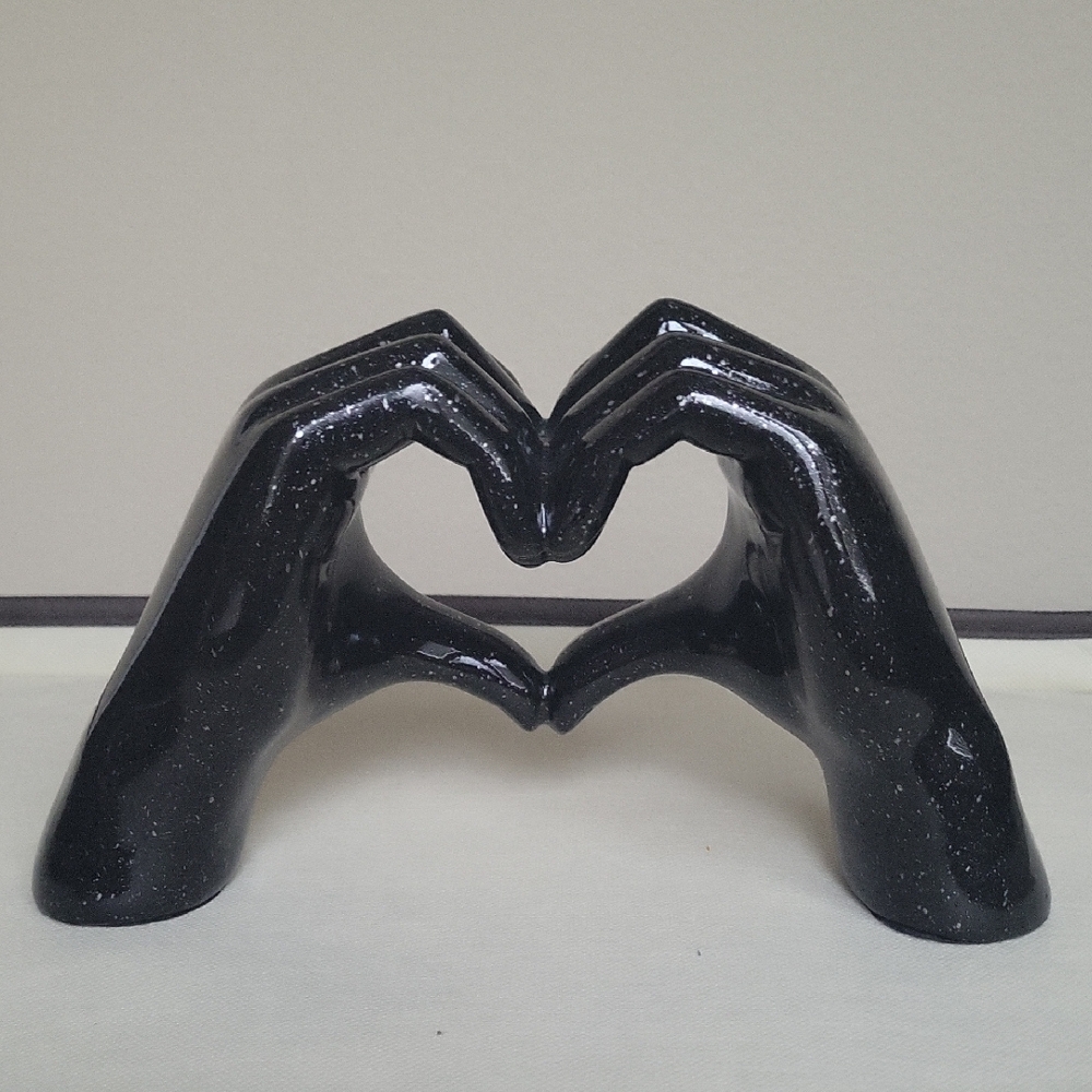 Black Marbled Resin Heart Hands Sculpture - Picture 4 of 5